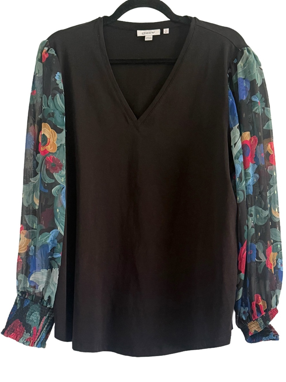 Chico's Black V-Neck Top with Multicolor Floral Sheer Sleeves XL - Picture 2 of 8